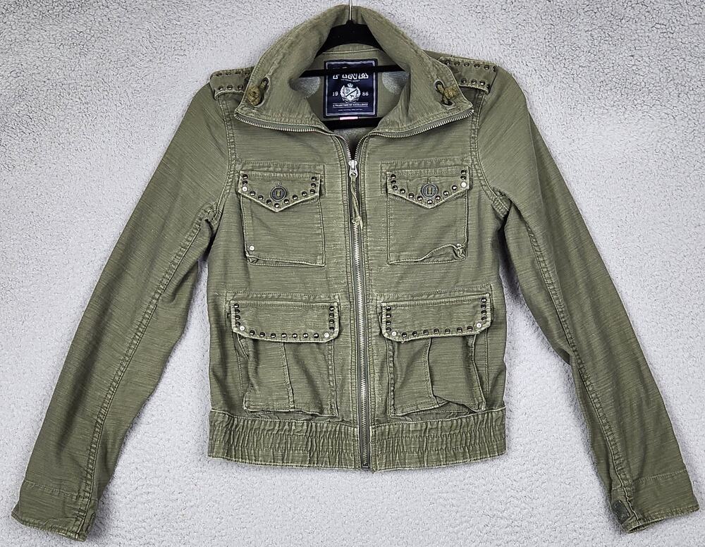 PINK VICTORIAS SECRET Jacket Womens Small Green Denim Military Collared Pockets